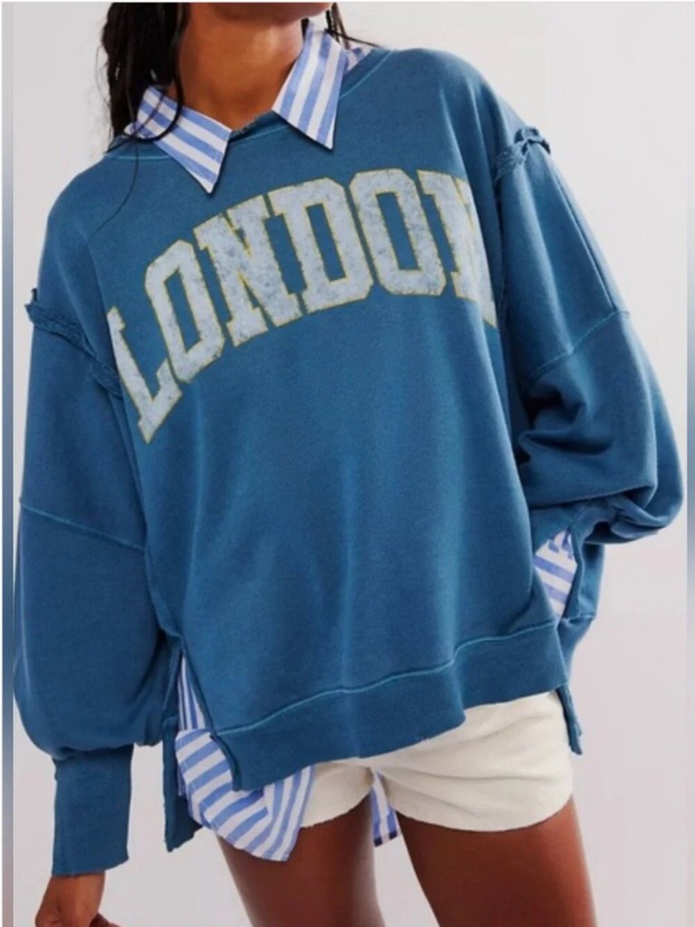 Free People NWT Oversized Sweatshirt Camden Pullover Blue White London size S